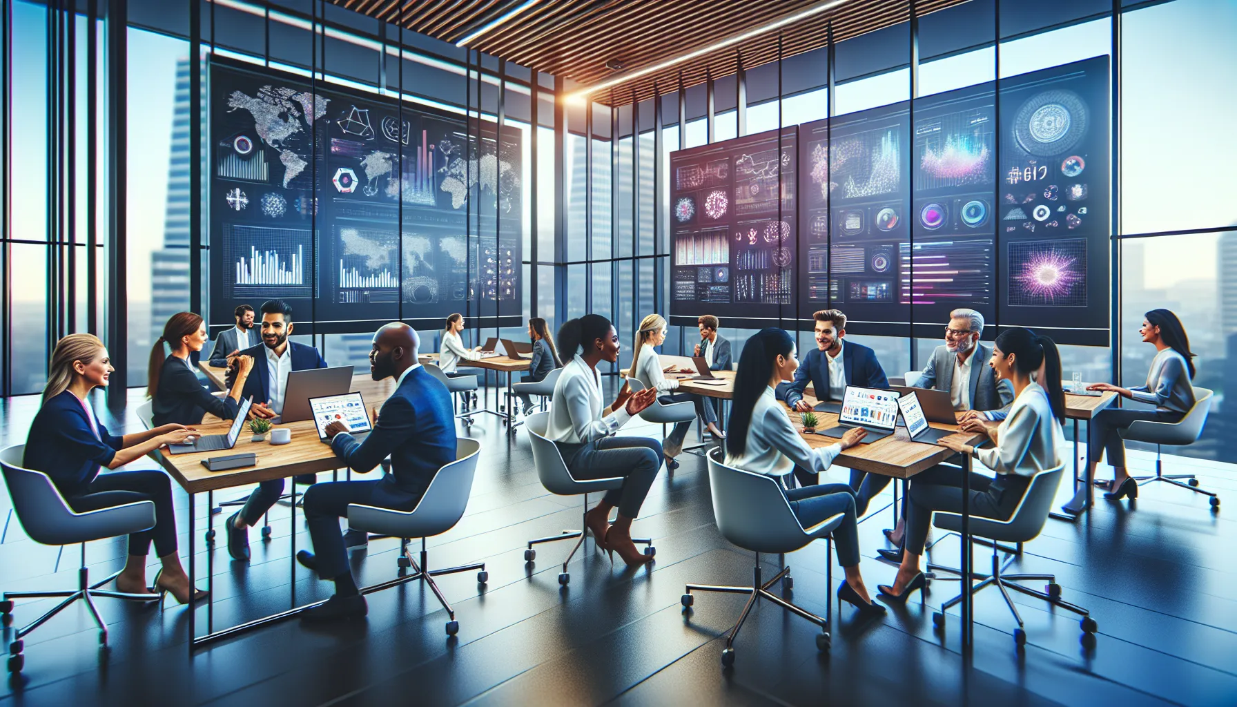 diverse team collaborating on viral trends in a modern office.