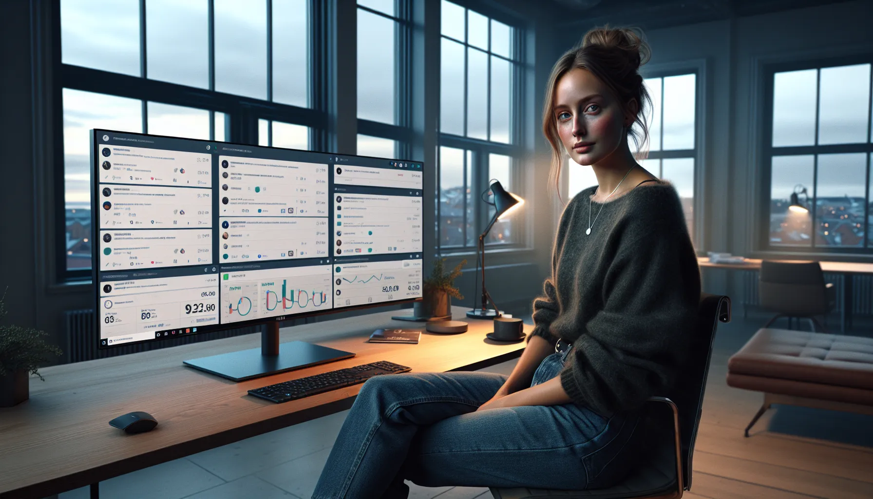 Norwegian social media manager monitors chatbot handling fast customer messages at dusk.