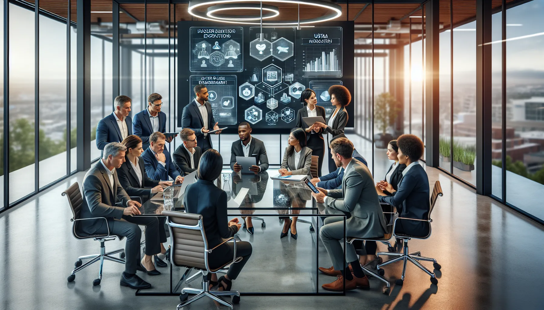 diverse team discussing data integration in a modern office.