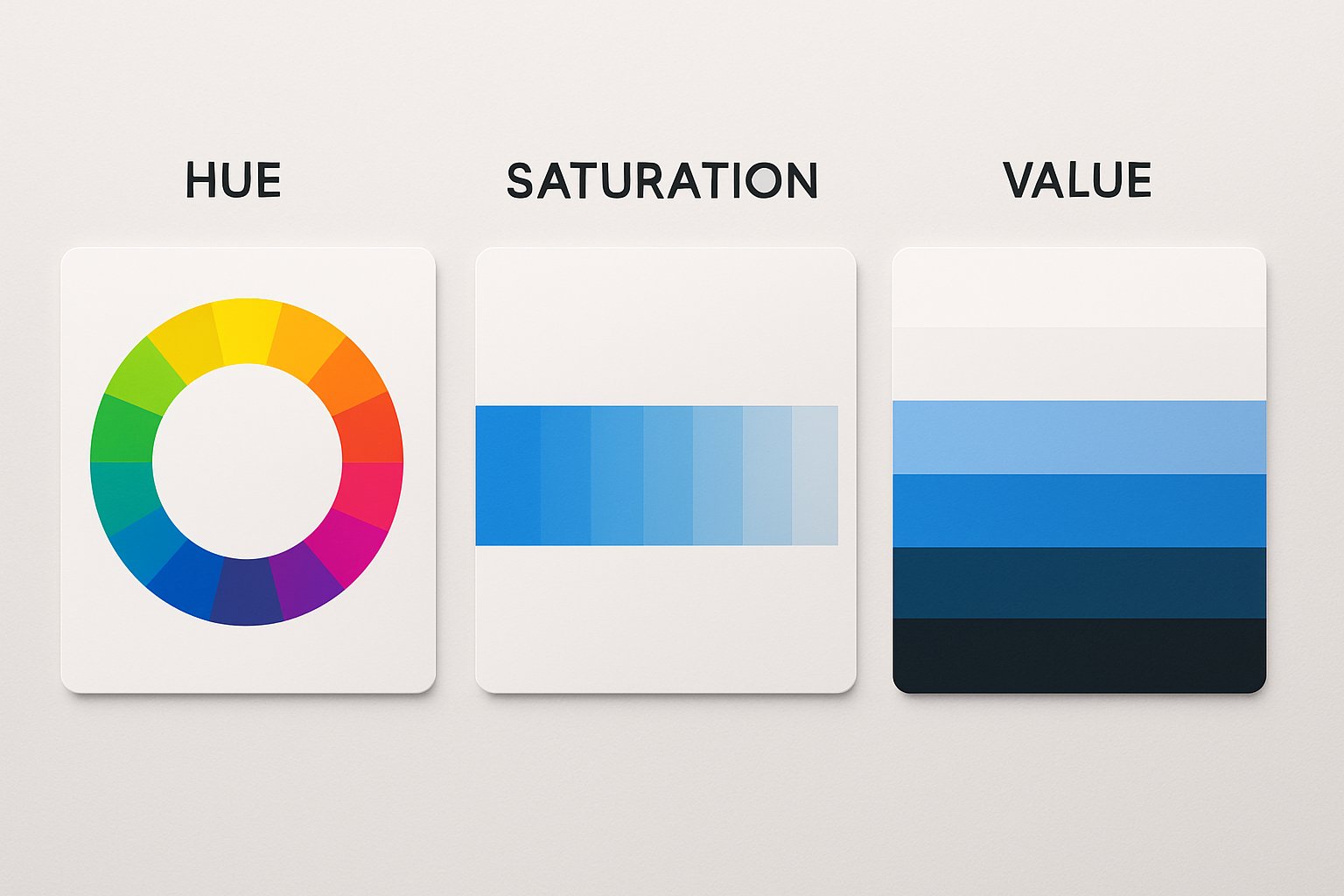 Color wheel and saturation-value gradients showing hue, saturation, and value principles.