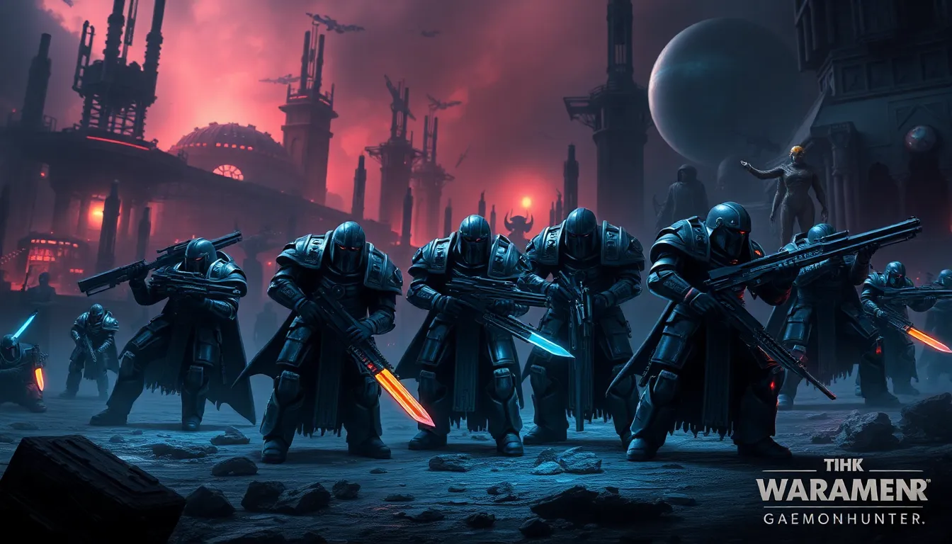 warhammer characters strategizing on a futuristic battlefield.