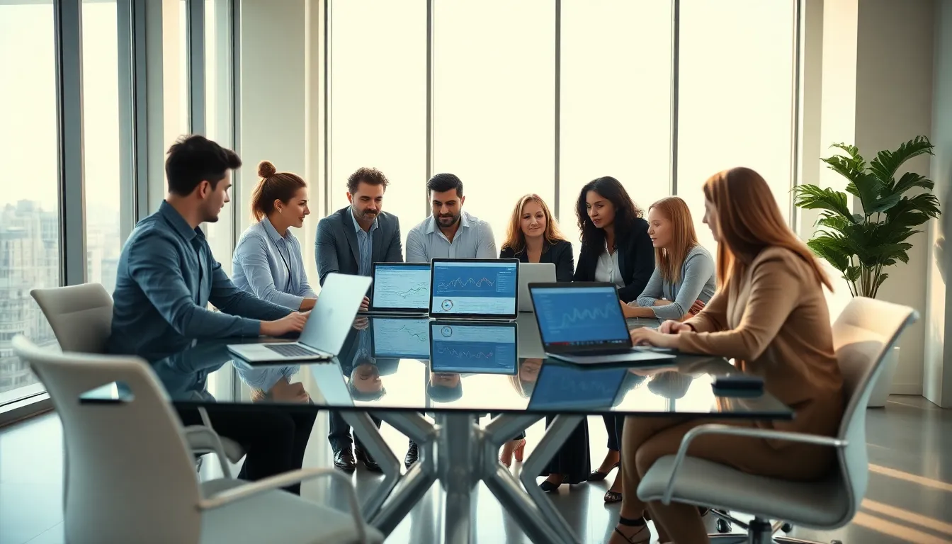 diverse professionals collaborating on digital marketing strategies in a modern office.
