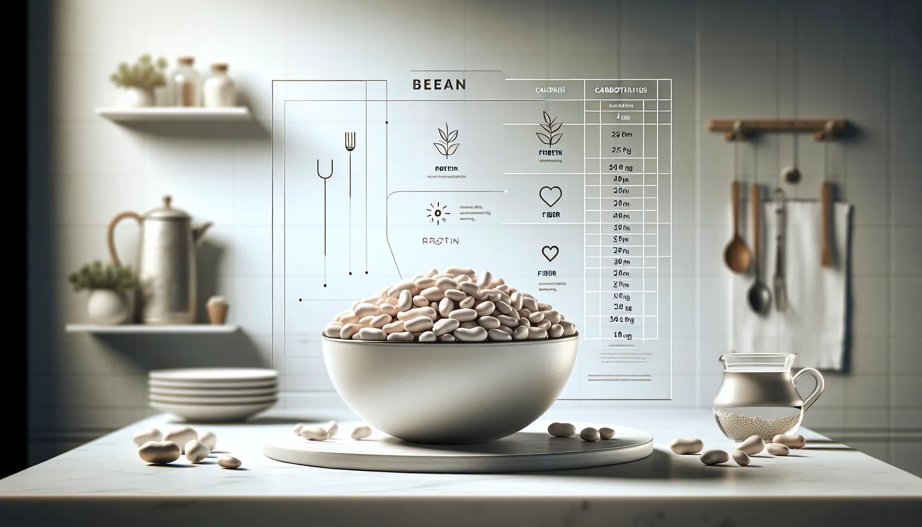 White beans and nutrition facts displayed in a clean, modern setting.
