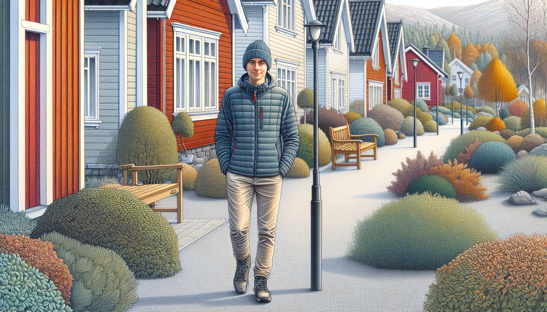 Adult on a calm short walk along a gravel path in a norwegian neighborhood.