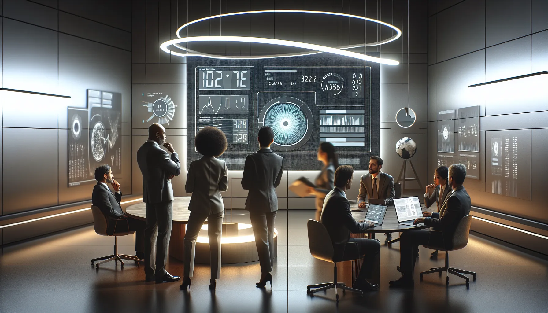 IT professionals discussing network security in a modern office.