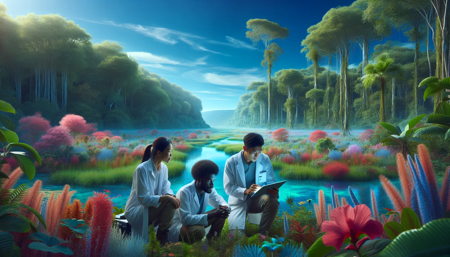 diverse scientists studying a vibrant wetland ecosystem.