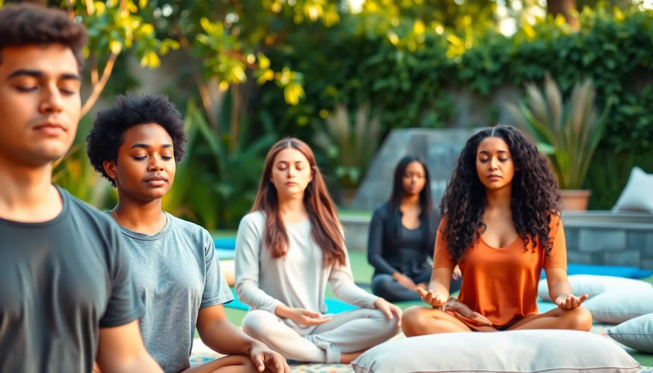 diverse group practicing mindfulness in a tranquil outdoor setting.