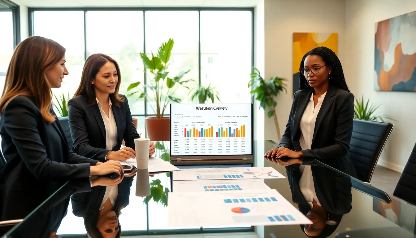 diverse professionals discussing Westmont College tuition costs in a modern office.