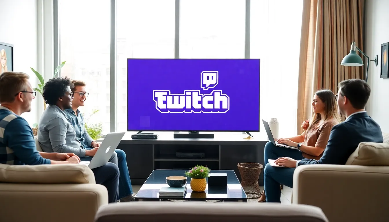 group enjoying Twitch TV in a modern living room.