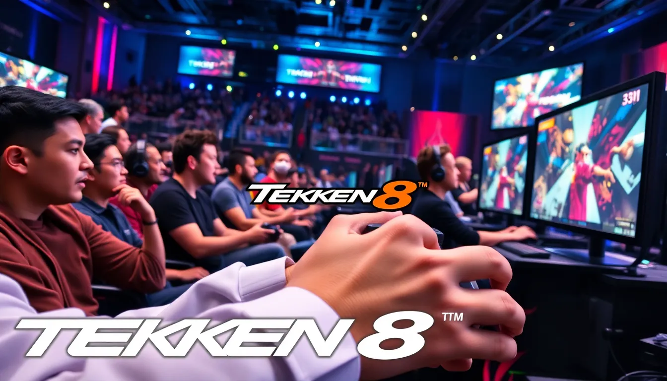 gamers competing in a Tekken 8 tournament at an esports arena.