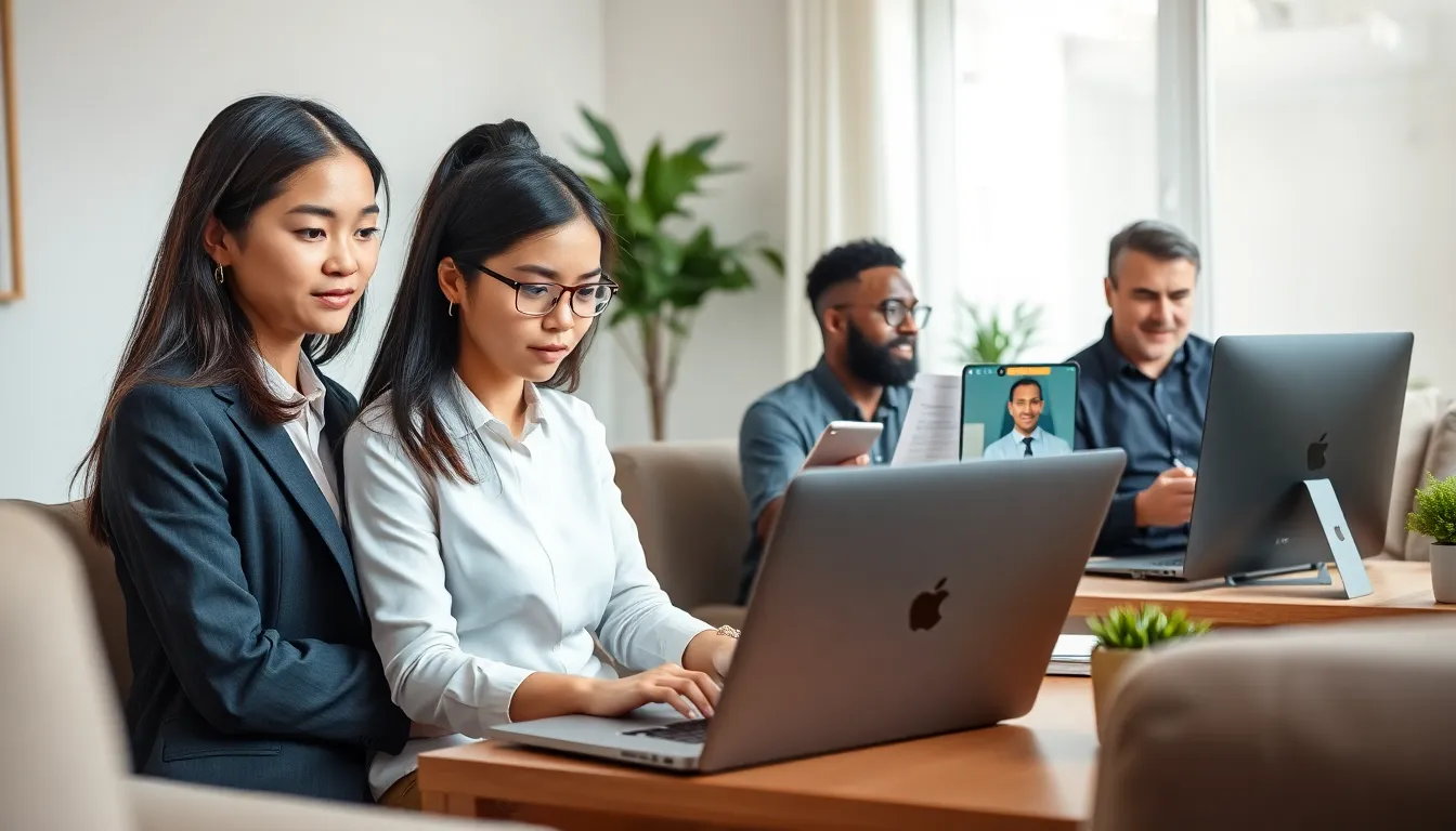 diverse professionals collaborating in a modern home office setting.