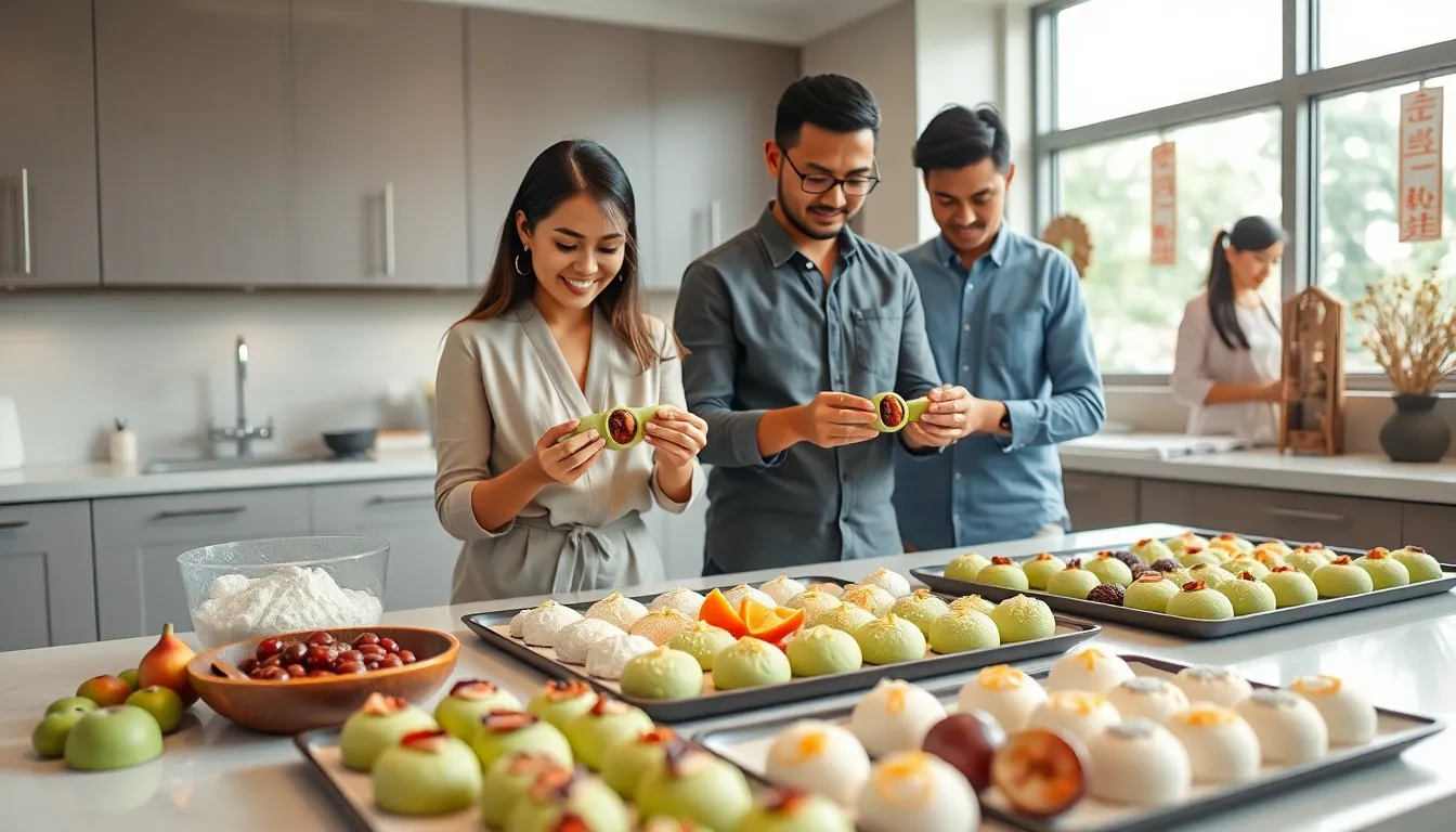 people making colorful mochi in a modern kitchen.