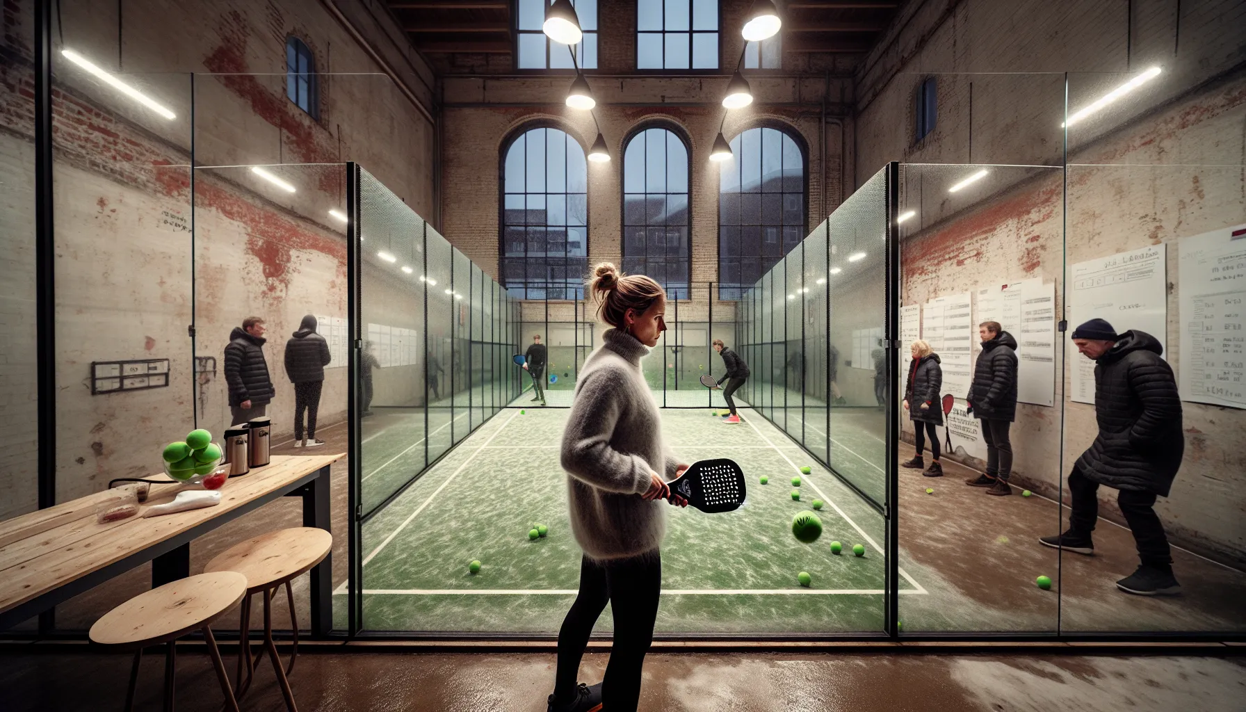 Instructor teaches a newcomer on a makeshift indoor padel court in Norway.