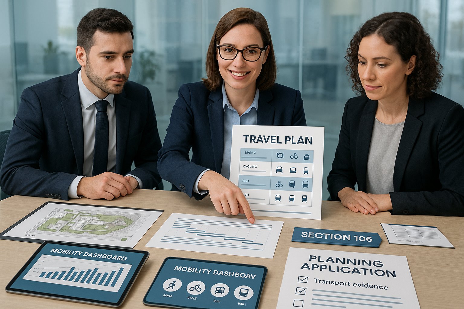 Consultants reviewing a travel plan and planning documents in a modern UK office.