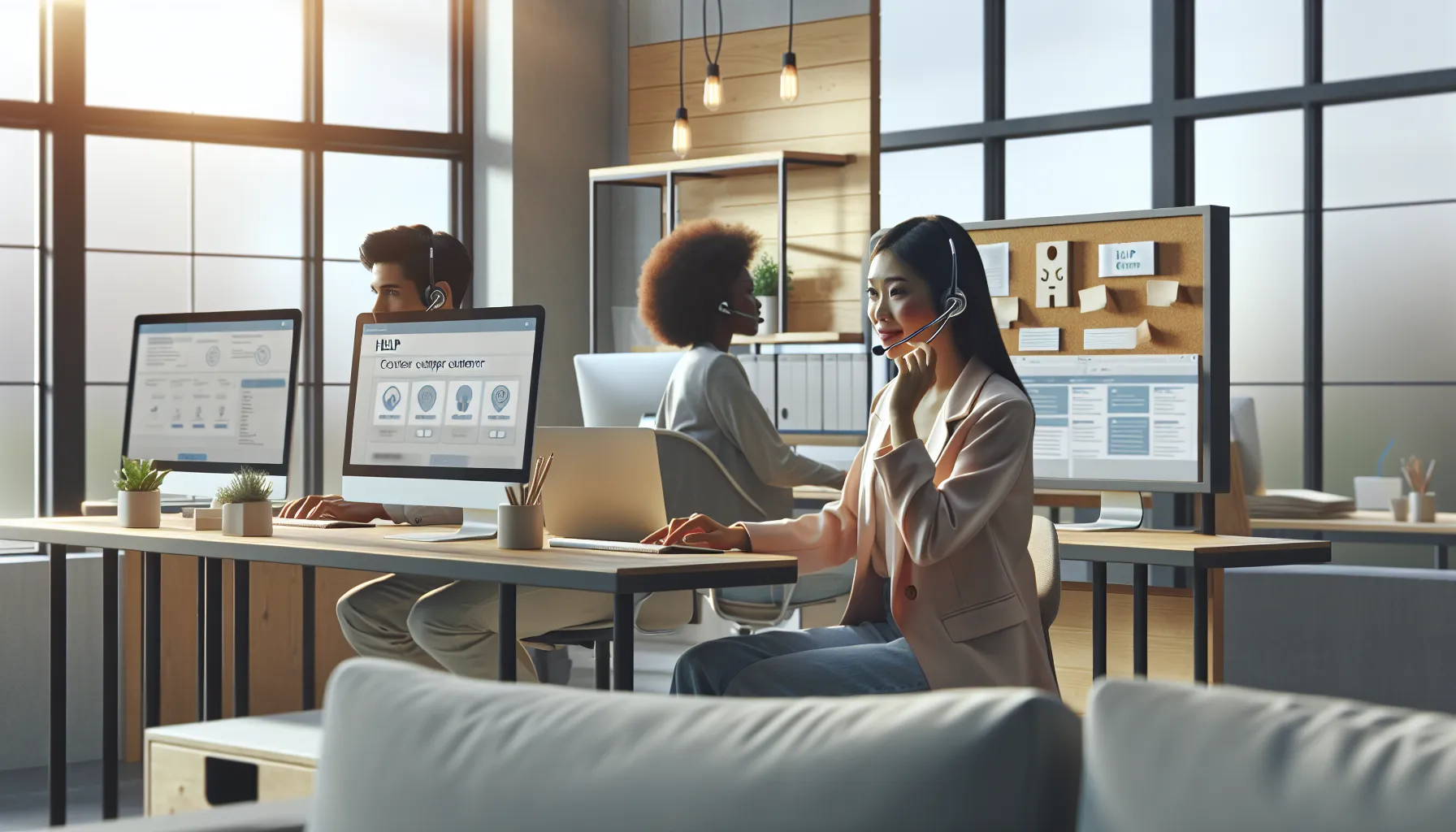 customer support team assisting clients in a modern office.