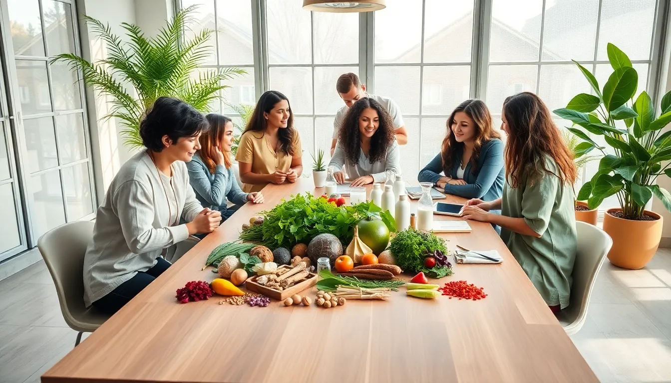 diverse team collaborating on natural health products in a wellness studio.