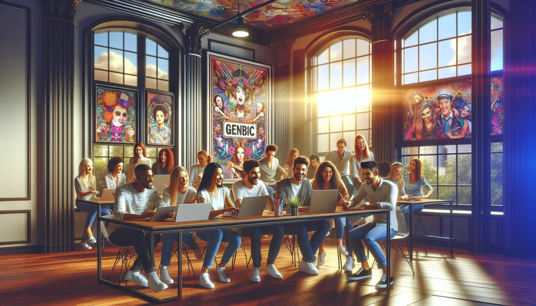 diverse group engaged in an online community activity at a modern workspace.