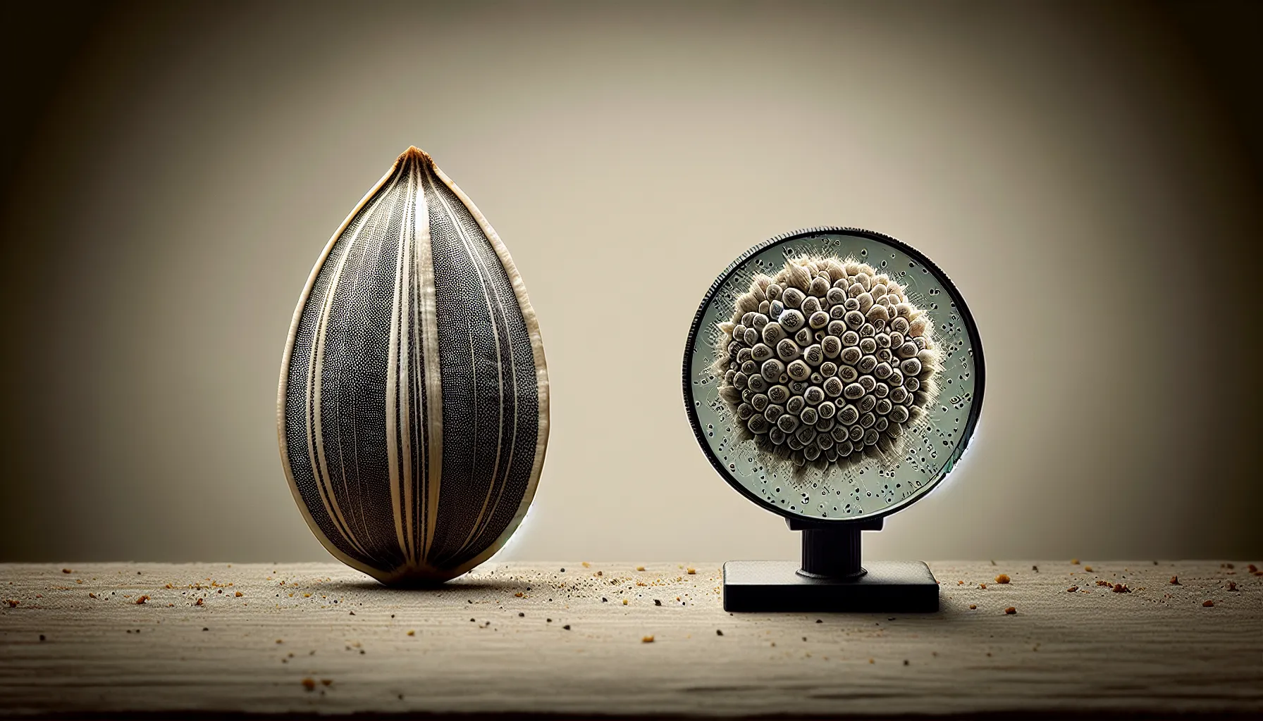 A sunflower seed and a fungal spore, highlighting their structural differences.