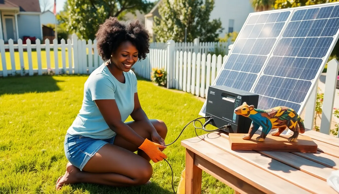 A woman installing solar panels in her backyard with a pangolin sculpture nearby.
