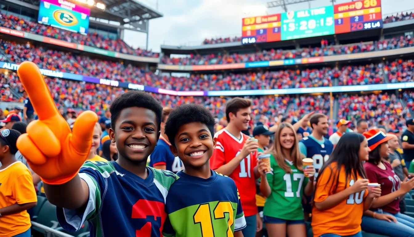 diverse fans cheering at a football stadium in the United States.