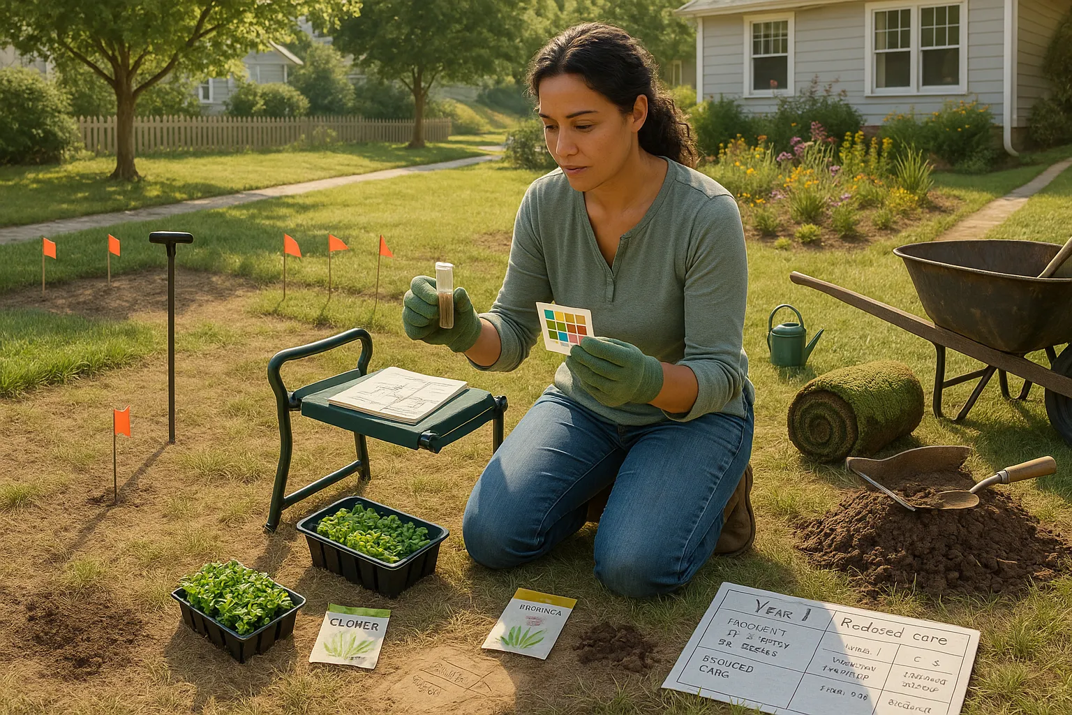 Homeowner testing soil and marking a yard to replace lawn with native plants.