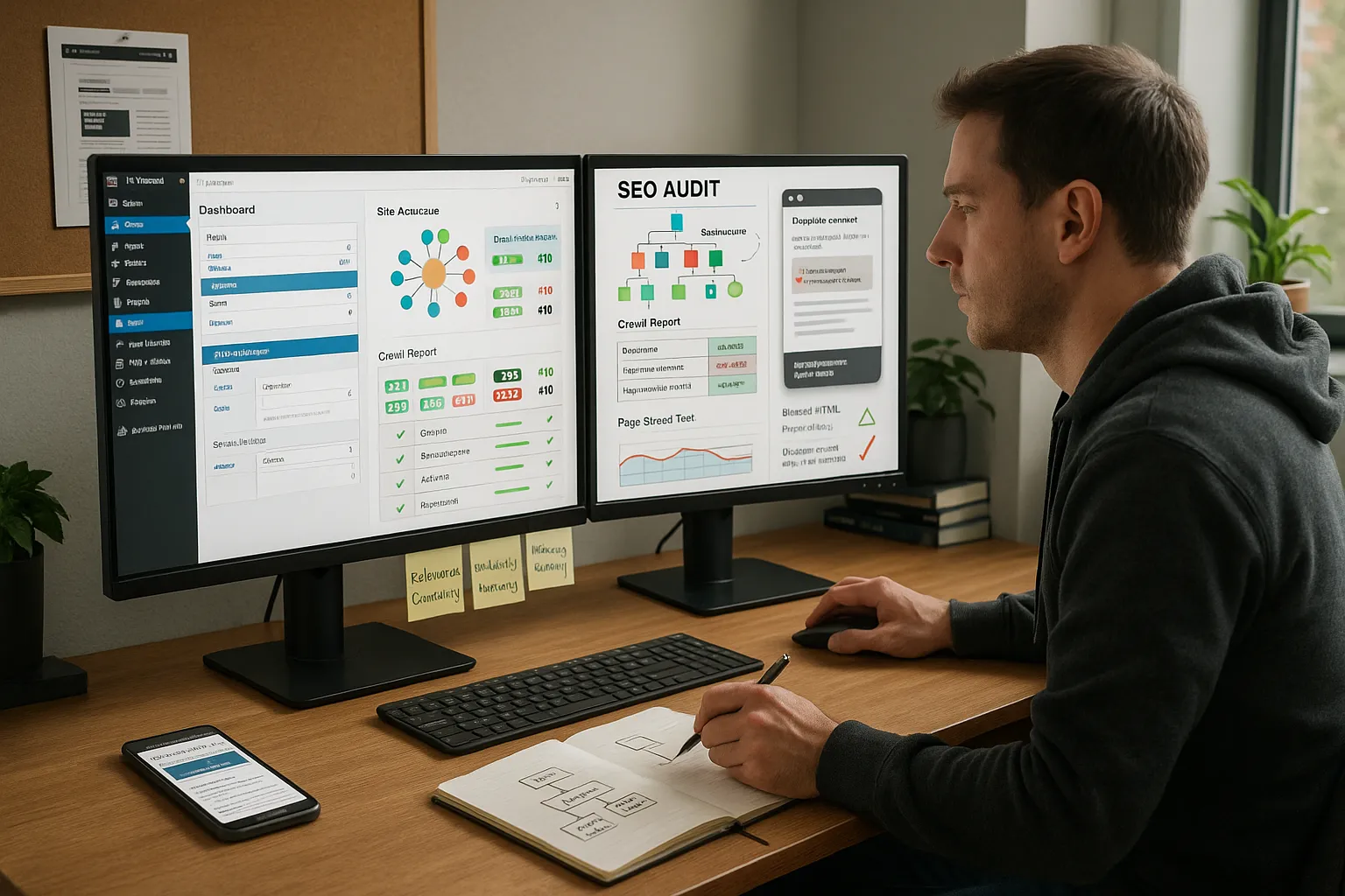 Marketer optimizes a WordPress website’s SEO using dashboards and analytics on dual monitors.