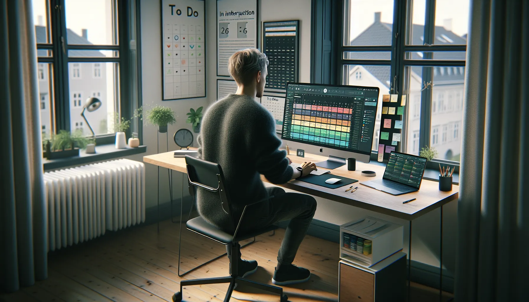 Remote worker in a nordic home office using digital tools and focus timer.