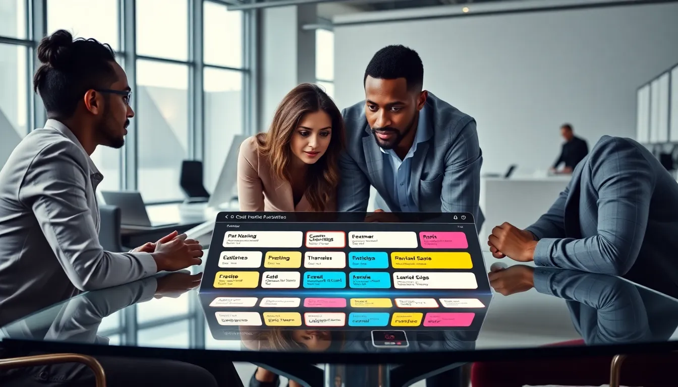 professionals collaborating on social media username ideas in a modern office.