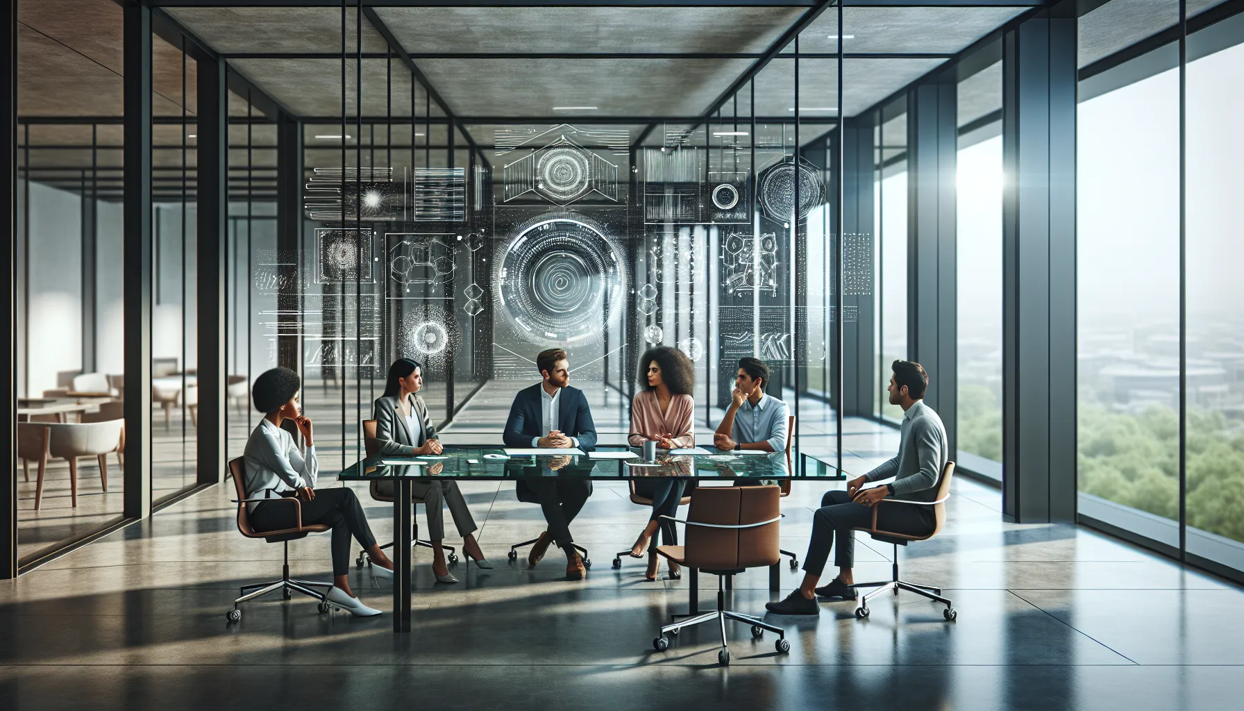 diverse team discussing technology in a modern office.