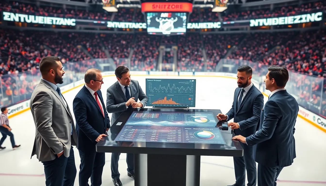 diverse sports executives discussing hockey analytics in a modern arena.