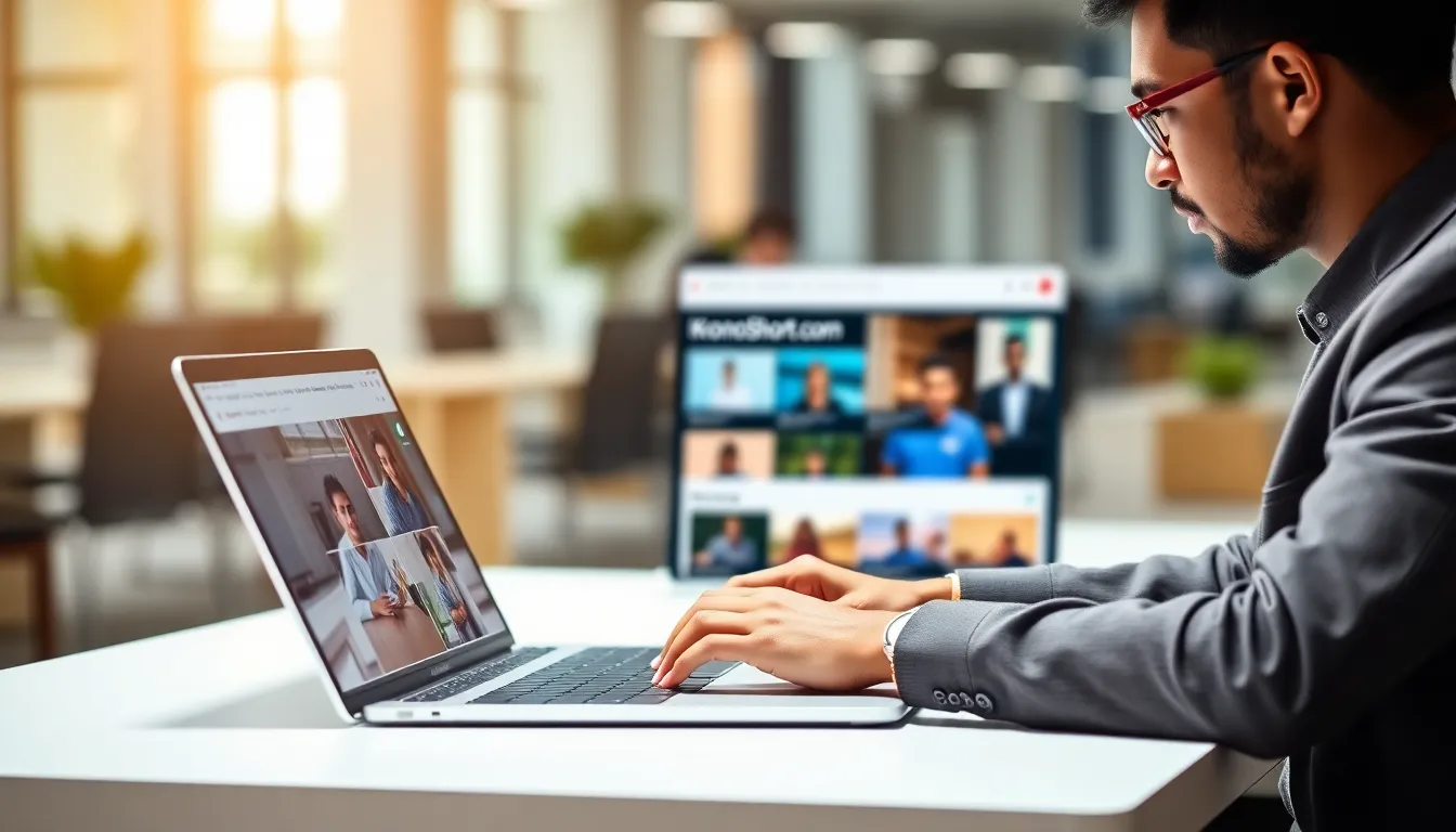 Professional creating short videos on a laptop in a modern office.