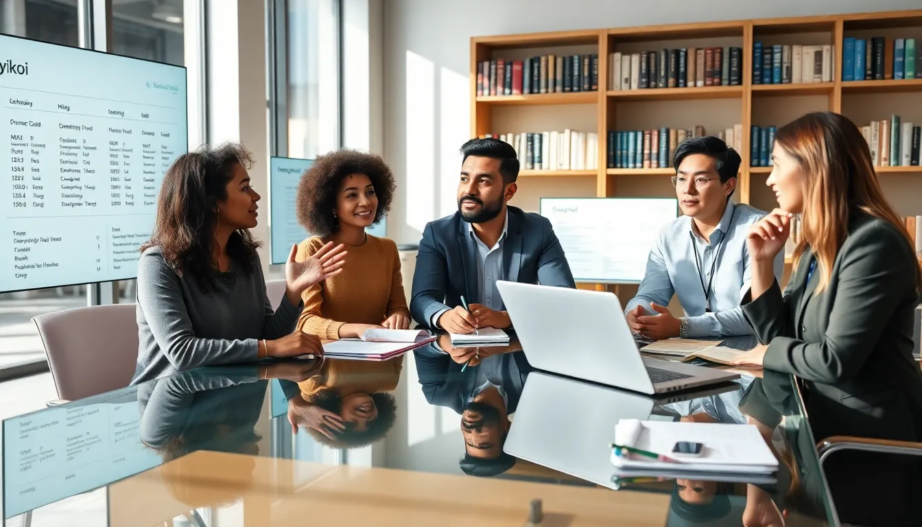 diverse linguists discussing language in a modern office.