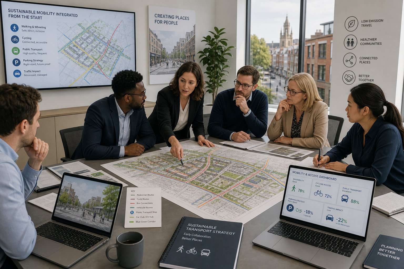 Transport consultants reviewing sustainable development plans in a modern UK office.