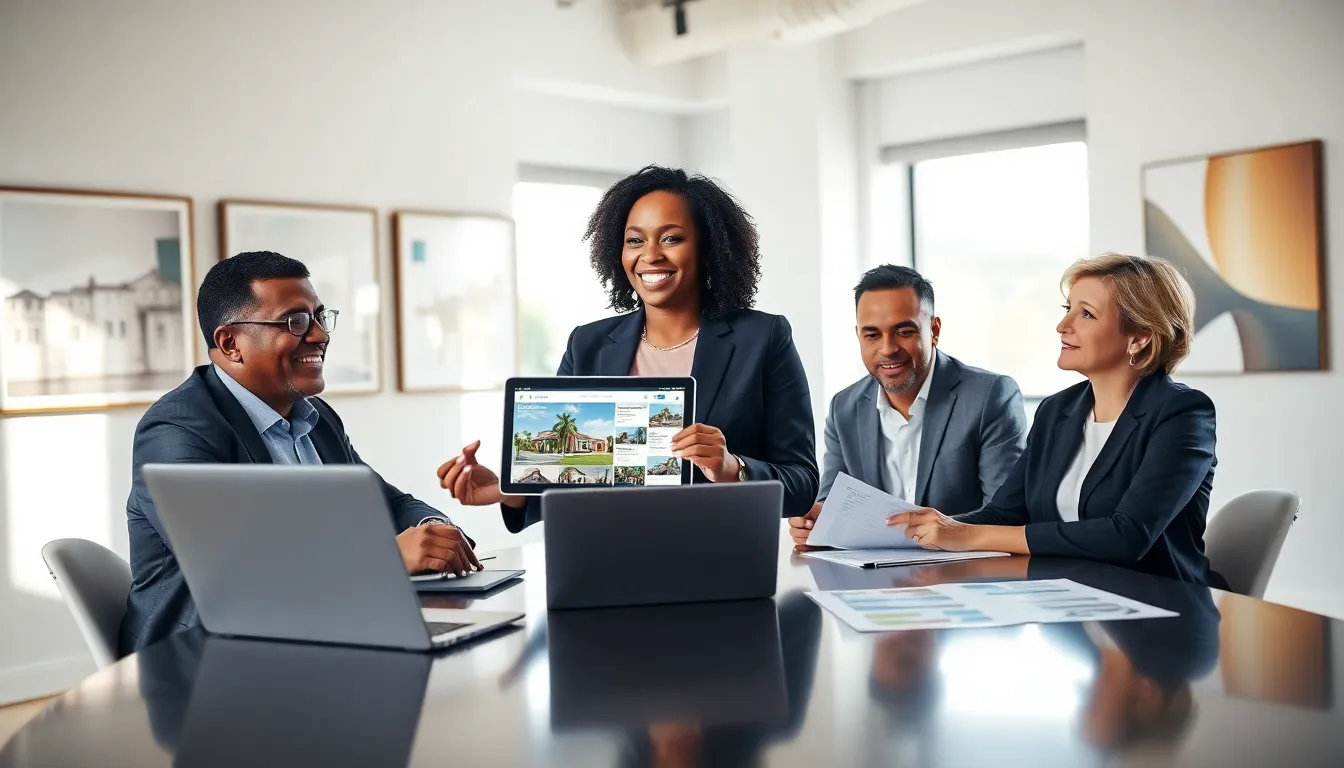 a diverse team discussing real estate strategies in a modern office.