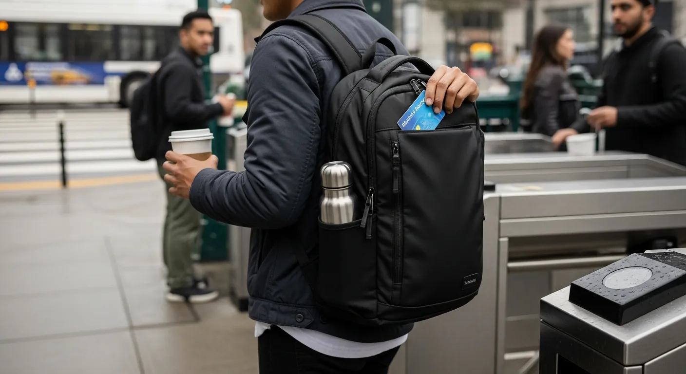 Commuter uses a sleek wk bags backpack at a subway turnstile.