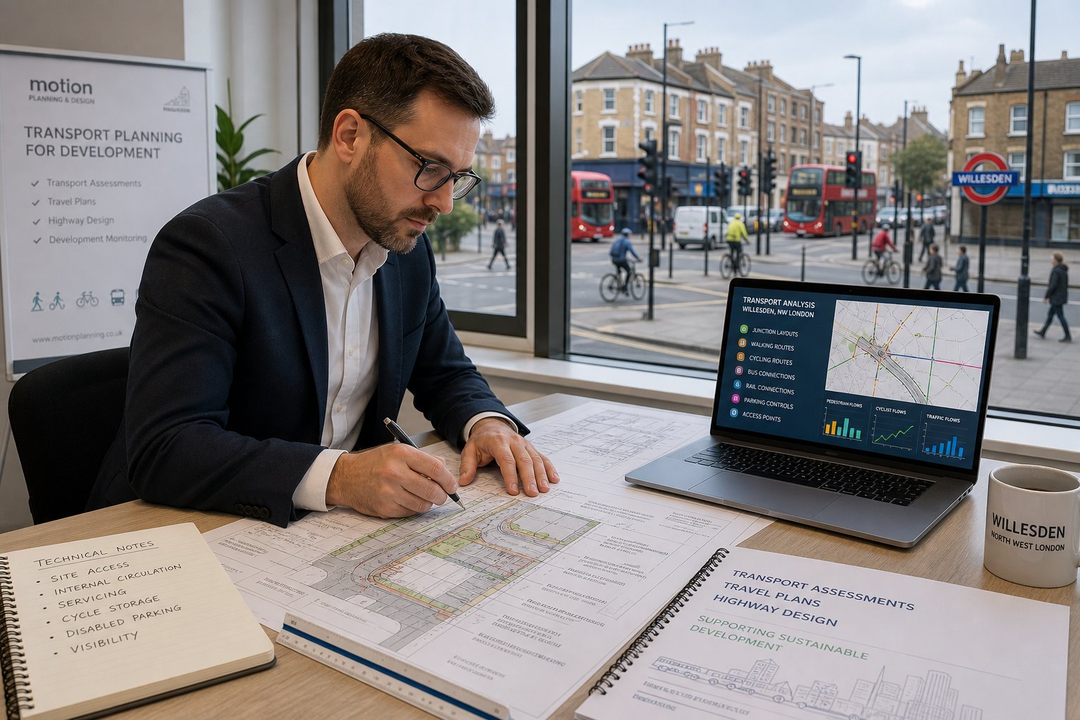Traffic engineer reviewing development transport plans in a modern UK office.