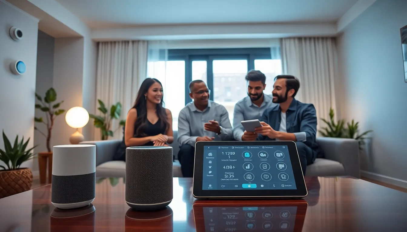 modern apartment with smart home devices and diverse professionals engaged.