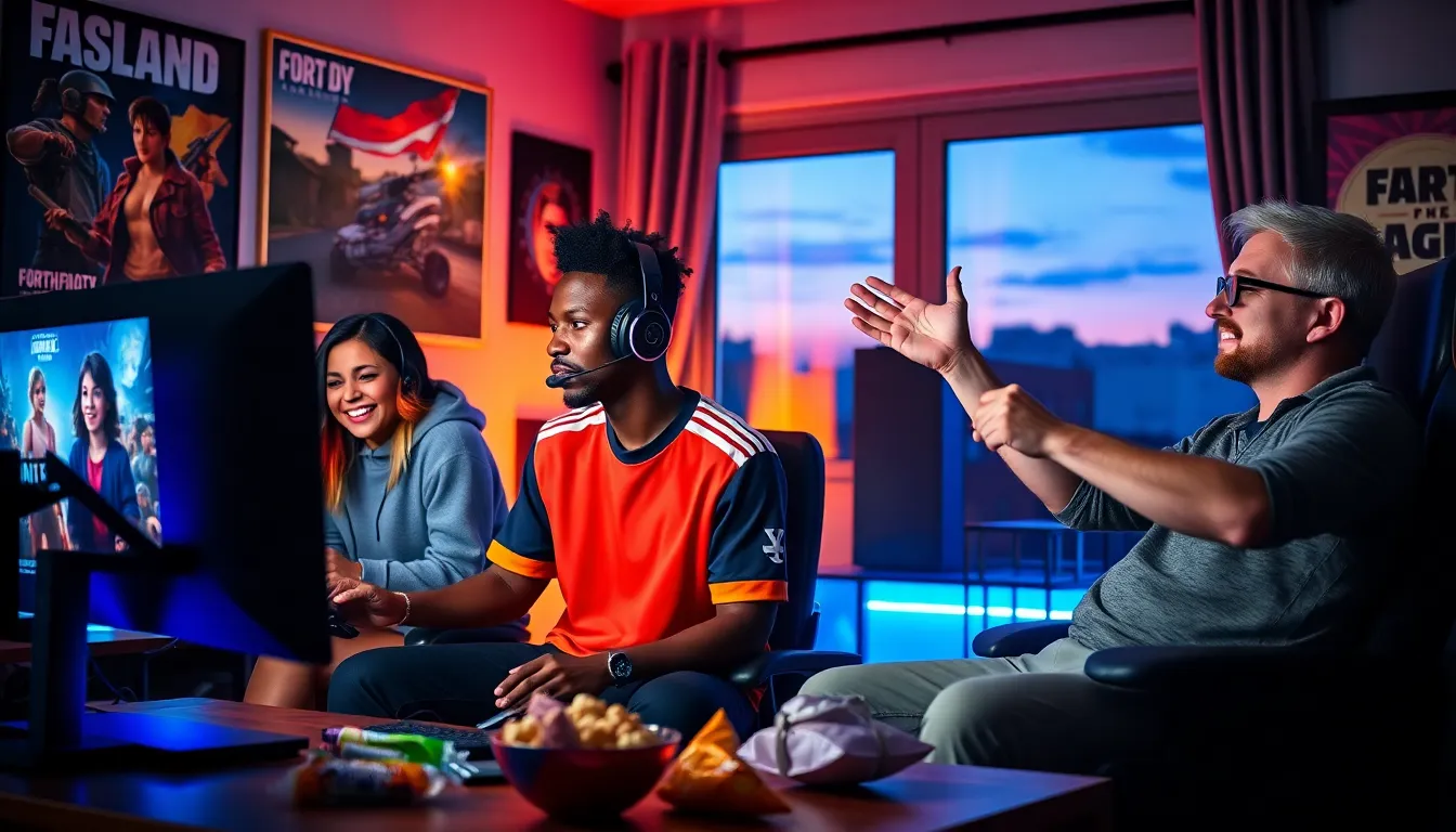 three friends gaming together at dusk, surrounded by colorful lights.