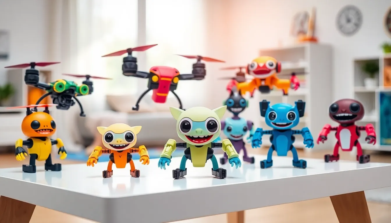 colorful murder drones toys displayed on a modern table.
