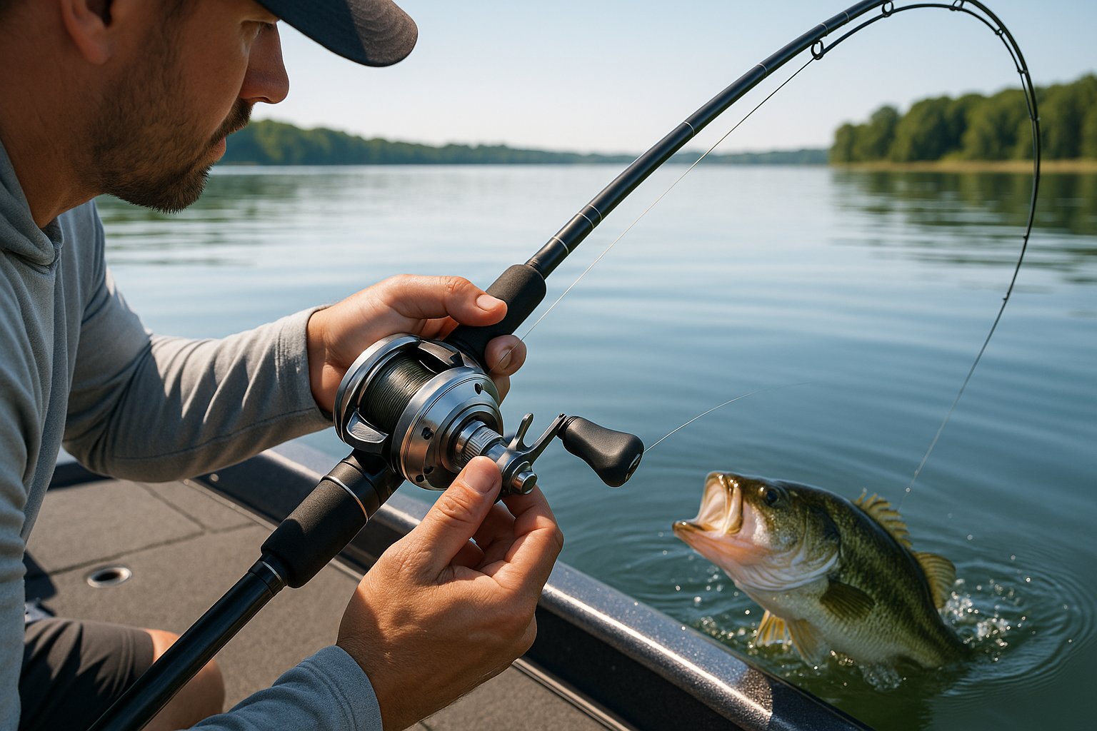 Angler adjusting reel drag while fighting a bass near the boat.