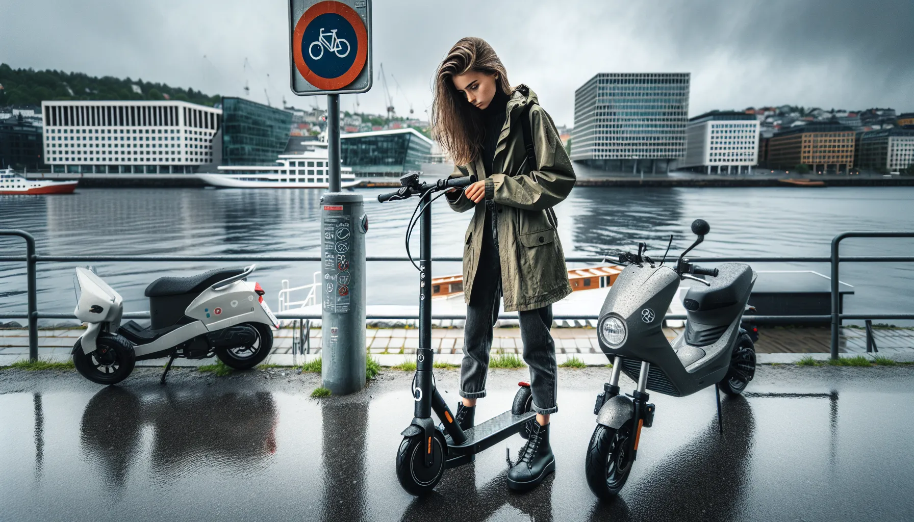 Norwegian rider on legal e-scooter near modified scooter and charging ev.