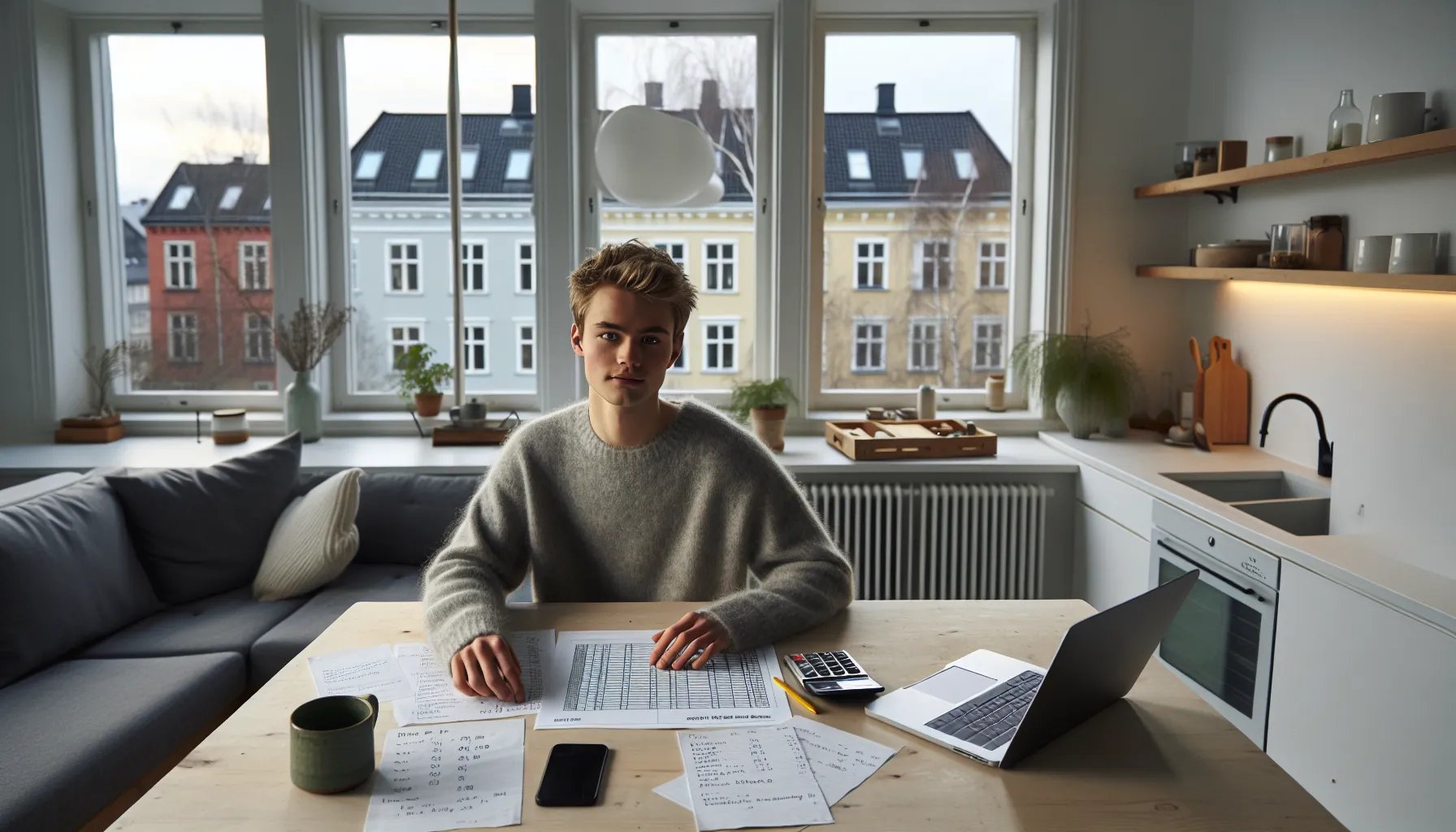 Norwegian entrepreneur planning low-budget startup finances with laptop, notes and bank statements.