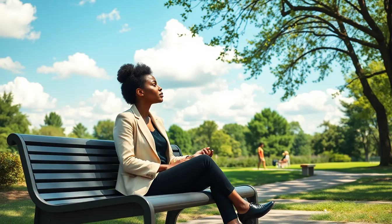 woman practicing mindfulness on a park bench.