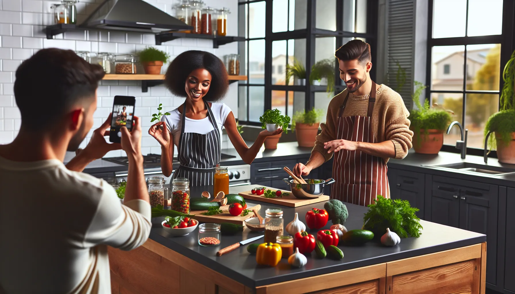 Diverse influencers cooking together in a modern kitchen.