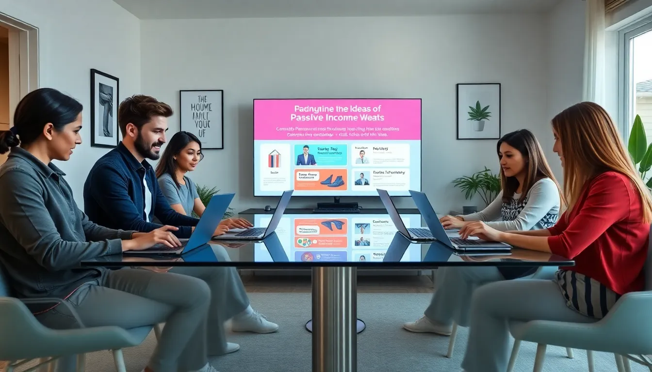 a diverse team brainstorming side hustle ideas in a modern office.