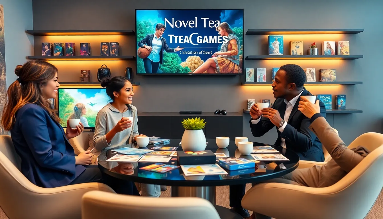 diverse team discussing games in a modern, tea-inspired workspace.