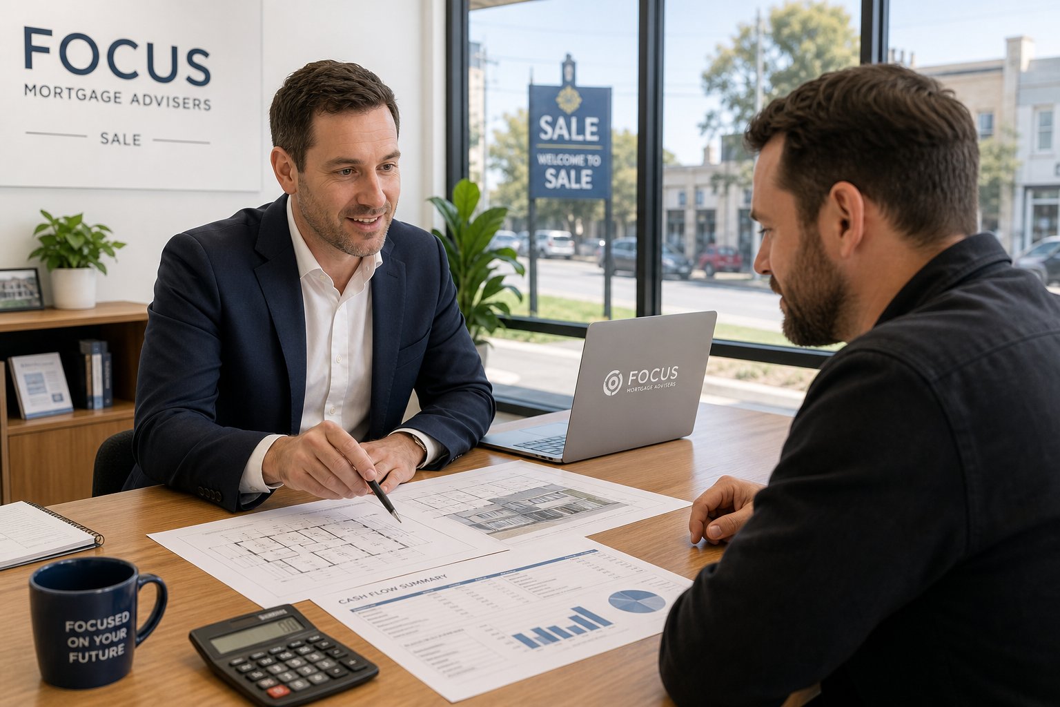 Mortgage adviser meeting a business owner in a bright office, reviewing commercial property documents at a table.