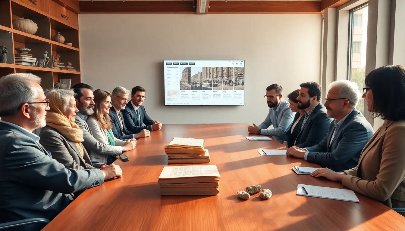 diverse historians discussing the history of міуздгі in a modern conference room.