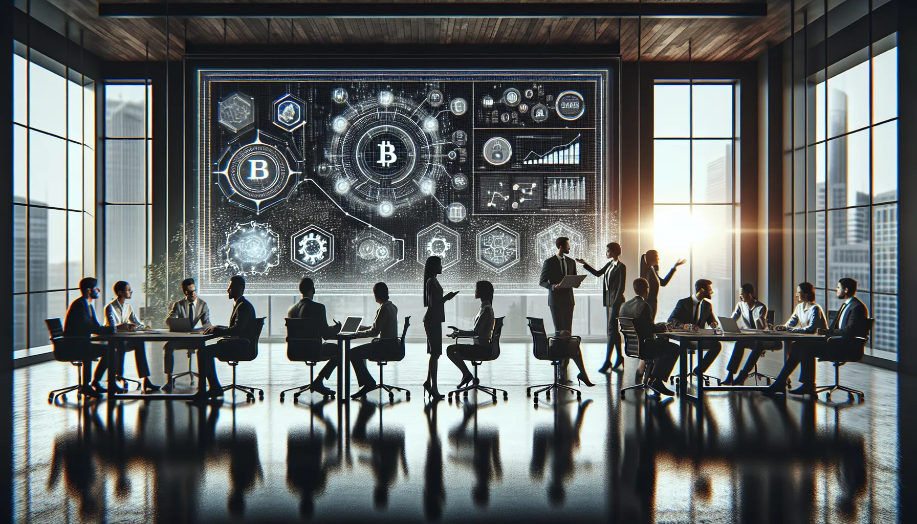 diverse professionals discussing blockchain and data analytics in a modern office.
