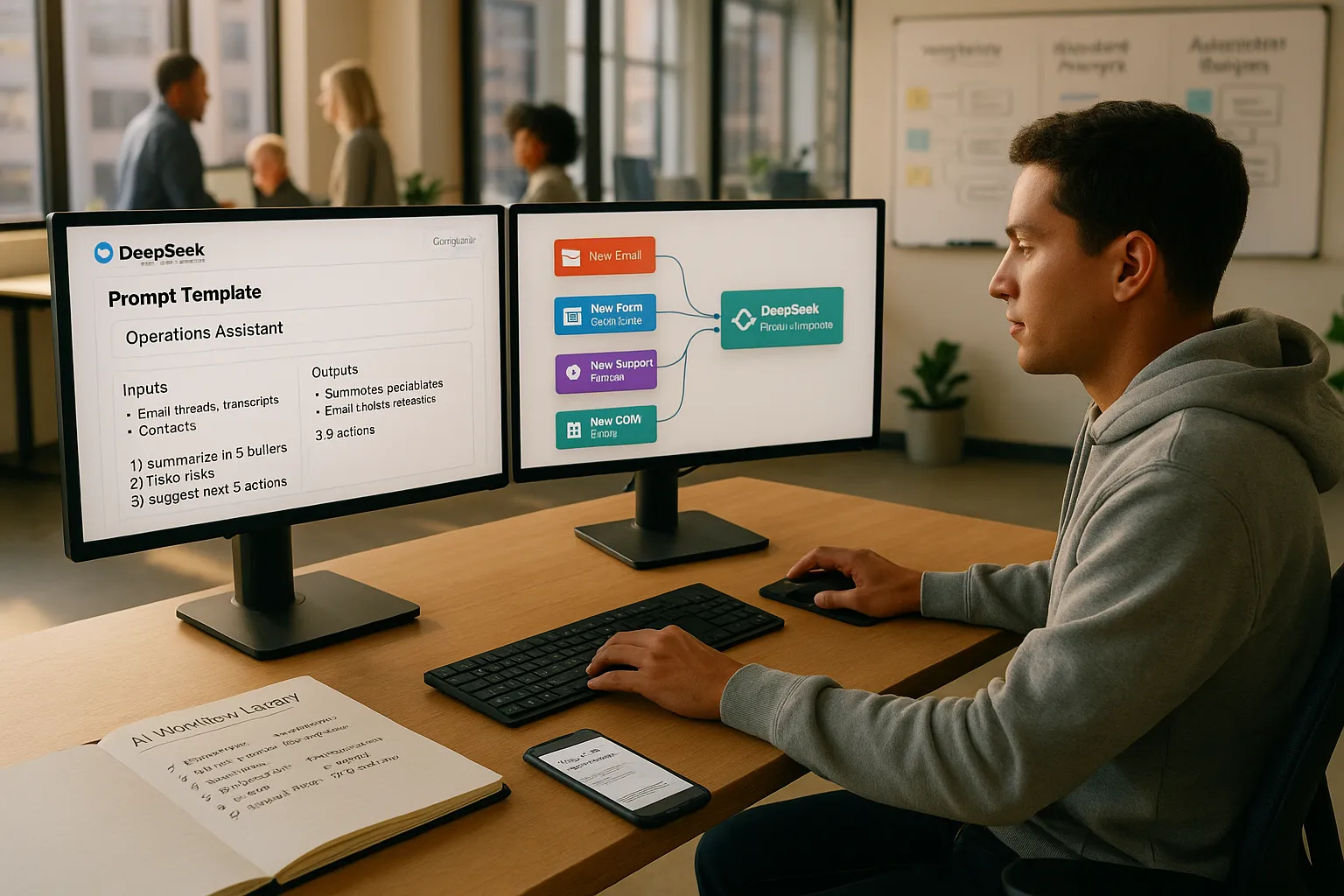 Office worker configuring DeepSeek automation templates on dual monitors with workflow tools.